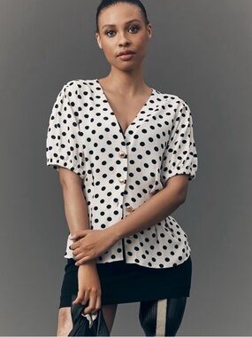 Maeve Polka Dot Puff Sleeve V-Neck Button Front Top - White/Black